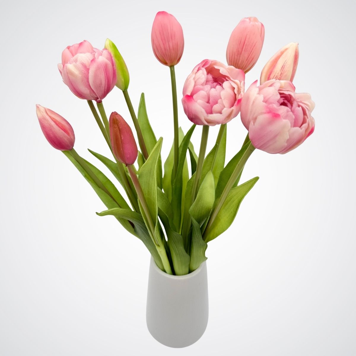Bouquet of pink artificial tulips on a light gray background, for My Faux Florist Canada