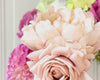 Turntable of a realistic artificial flower bridal bouquet featuring antique cream artificial roses, dusty mauve artificial roses, blush artificial peonies, pink artificial dahlias, pale green artificial hydrangeas, green artificial peonies, and deep wine artificial calla lilies — from My Faux Florist Canada.