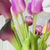 Turntable showcasing  a realistic artificial flower bridal bouquet featuring white artificial orchids, deep wine artificial calla lilies, white artificial calla lilies, and lavender artificial tulips — from My Faux Florist Canada.