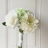 Turntable showcasing  a realistic artificial flower bouquet for bridesmaids featuring white artificial roses, white artificial dahlias, and pale green artificial hydrangeas — from My Faux Florist Canada.