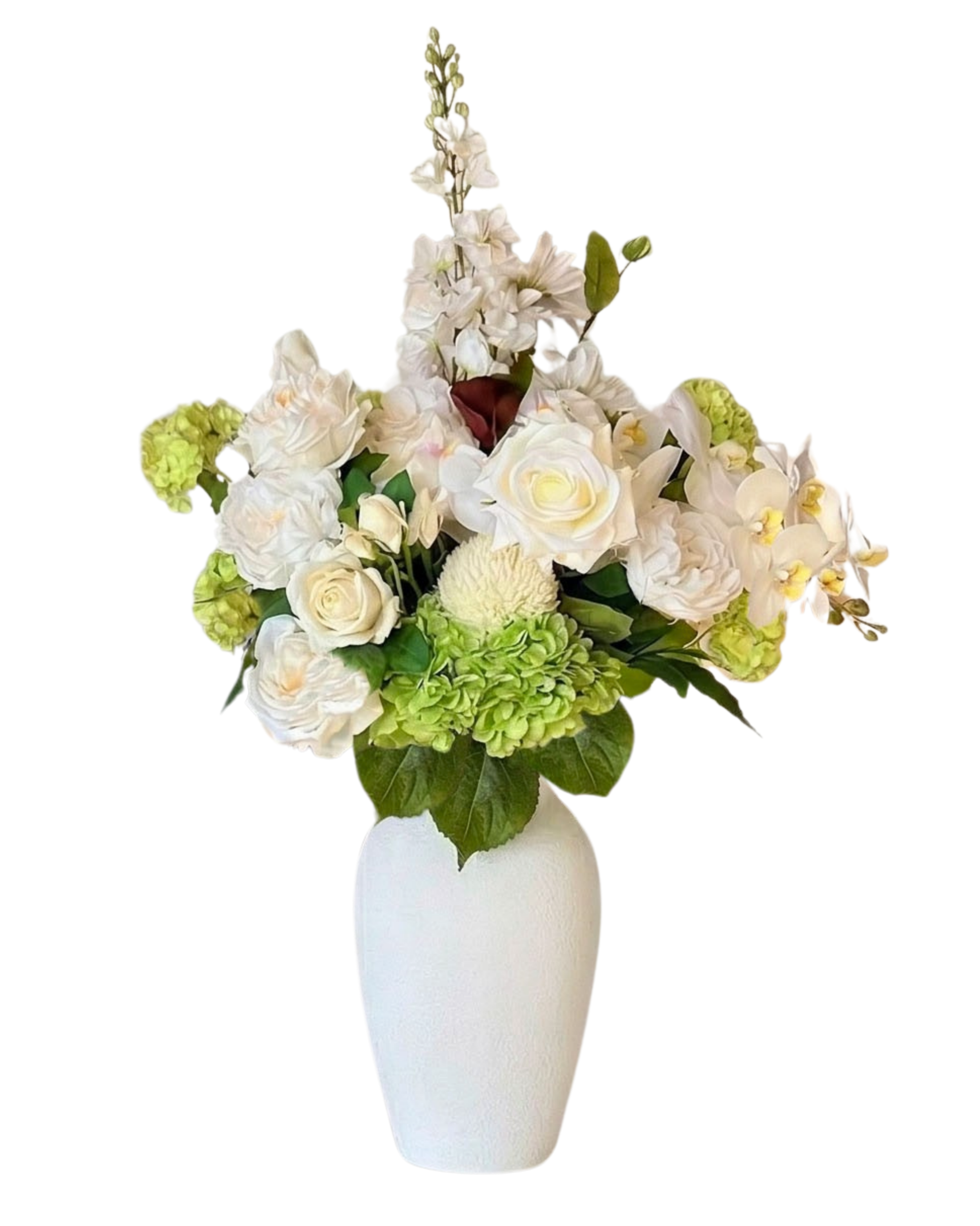 Floral arrangement with white and green realistic artificial flowers in a white vase on a white background. Artificial roses, artificial peonies and artificial hydrangeas from My Faux Florist Canada.