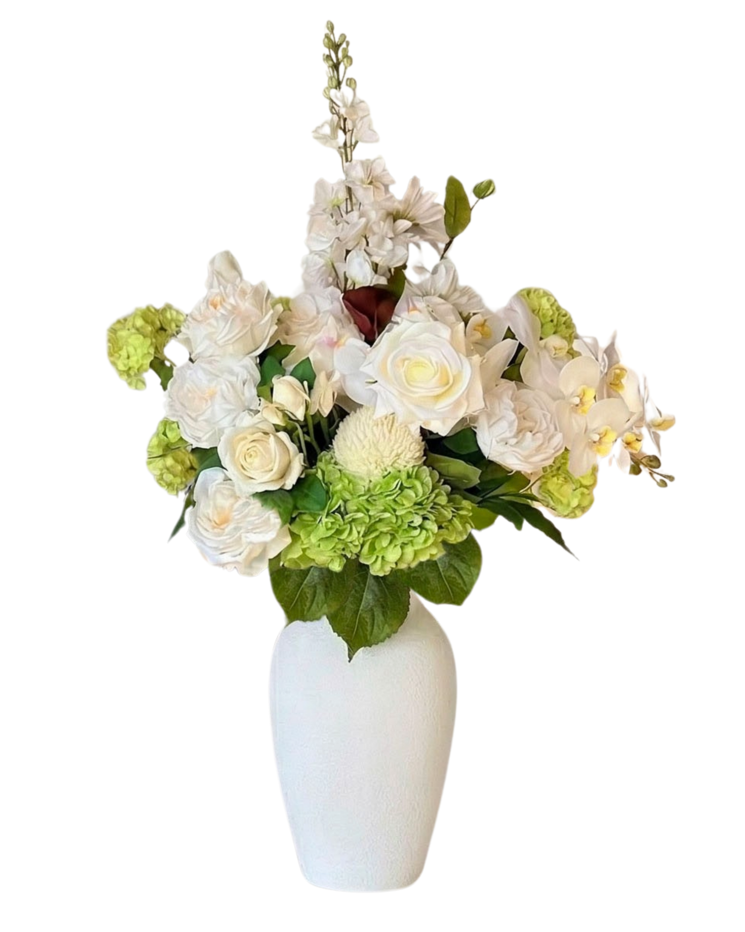 Floral arrangement with white and green realistic artificial flowers in a white vase on a white background. Artificial roses, artificial peonies and artificial hydrangeas from My Faux Florist Canada.