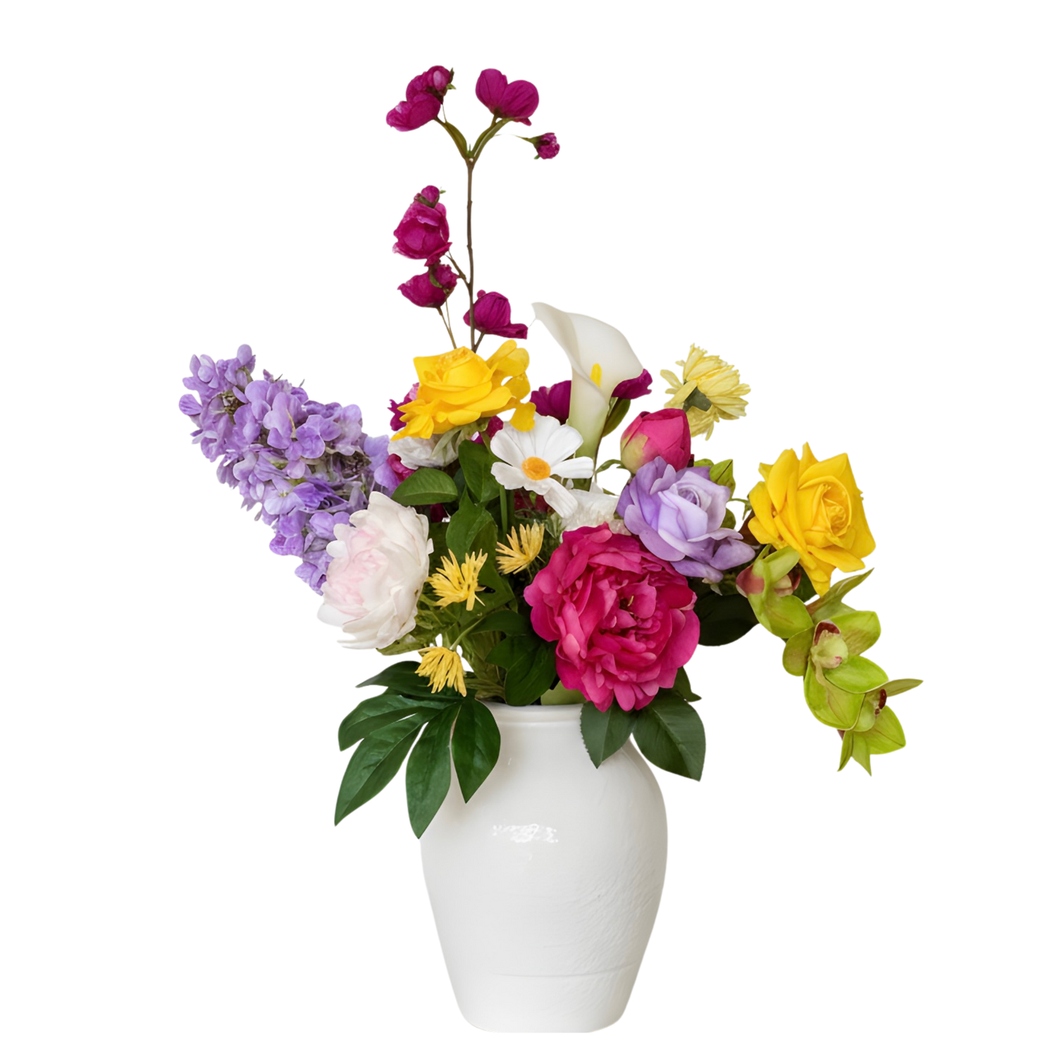 Colorful flower arrangement of realistic artificial flowers in a white vase on a white background. Artificial roses, artificial peonies and artificial hydrangeas from My Faux Florist Canada.
