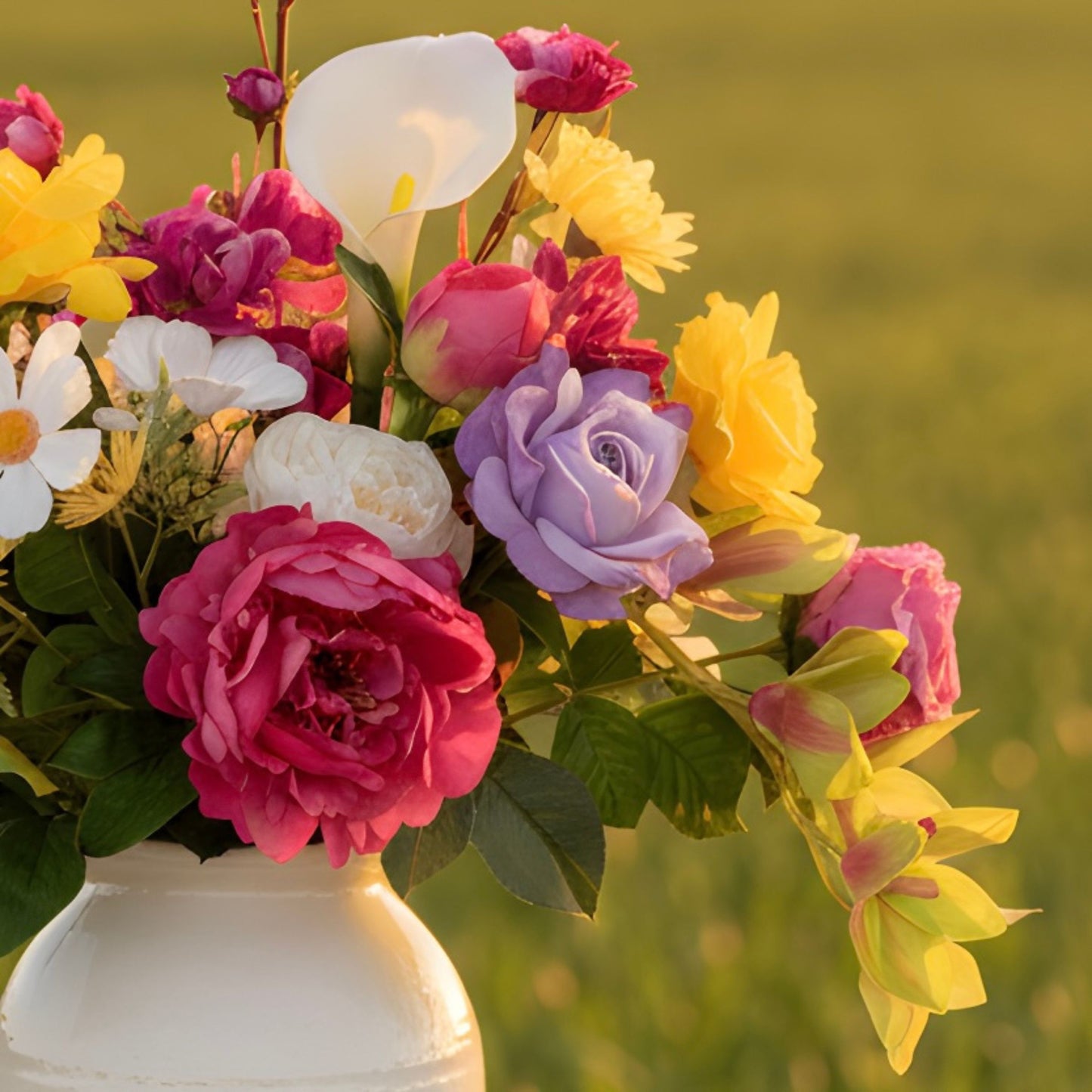 Bouquet of colorful, realistic artificial flowers in a white vase against a blurred green field background. Faux peonies, faux roses, faux hydrangea, and faux orchids in an artificial flower bouquet for My Faux Florist Canada.