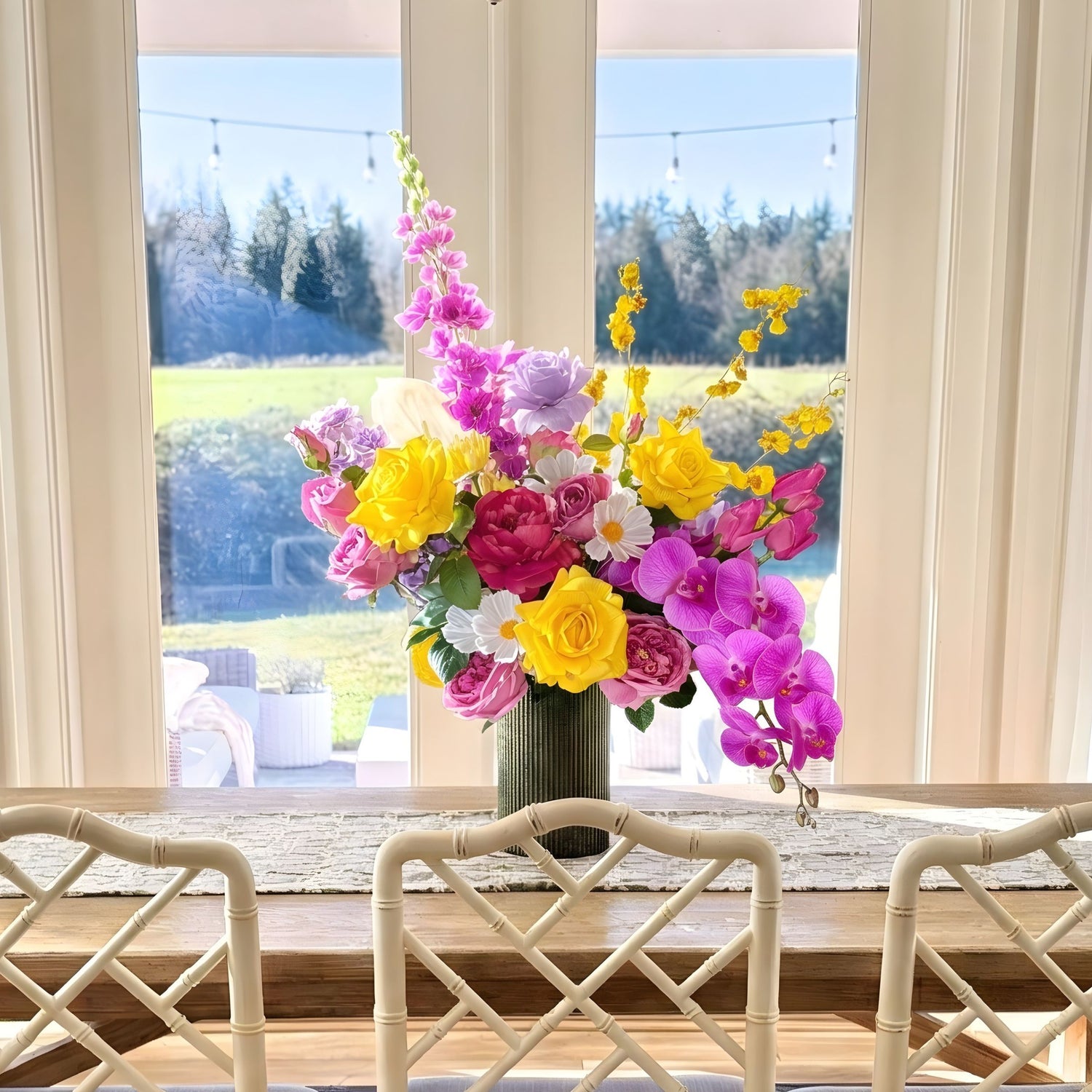 Colorful bouquet of flowers on a table with a window view, including a realistic fuchsia artificial orchid - for My Faux Florist Canada.