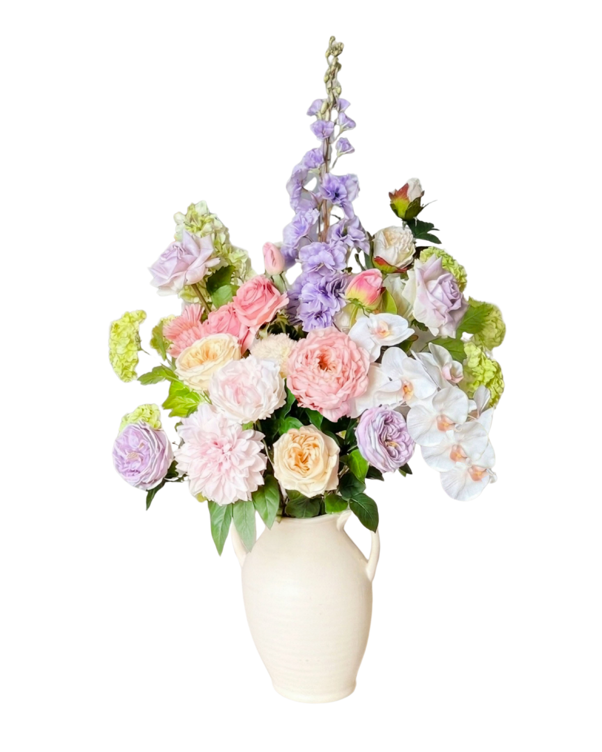 Floral arrangement of realistic artificial flowers in a white vase on a white background. Artificial roses, artificial peonies and artificial hydrangeas from My Faux Florist Canada.
