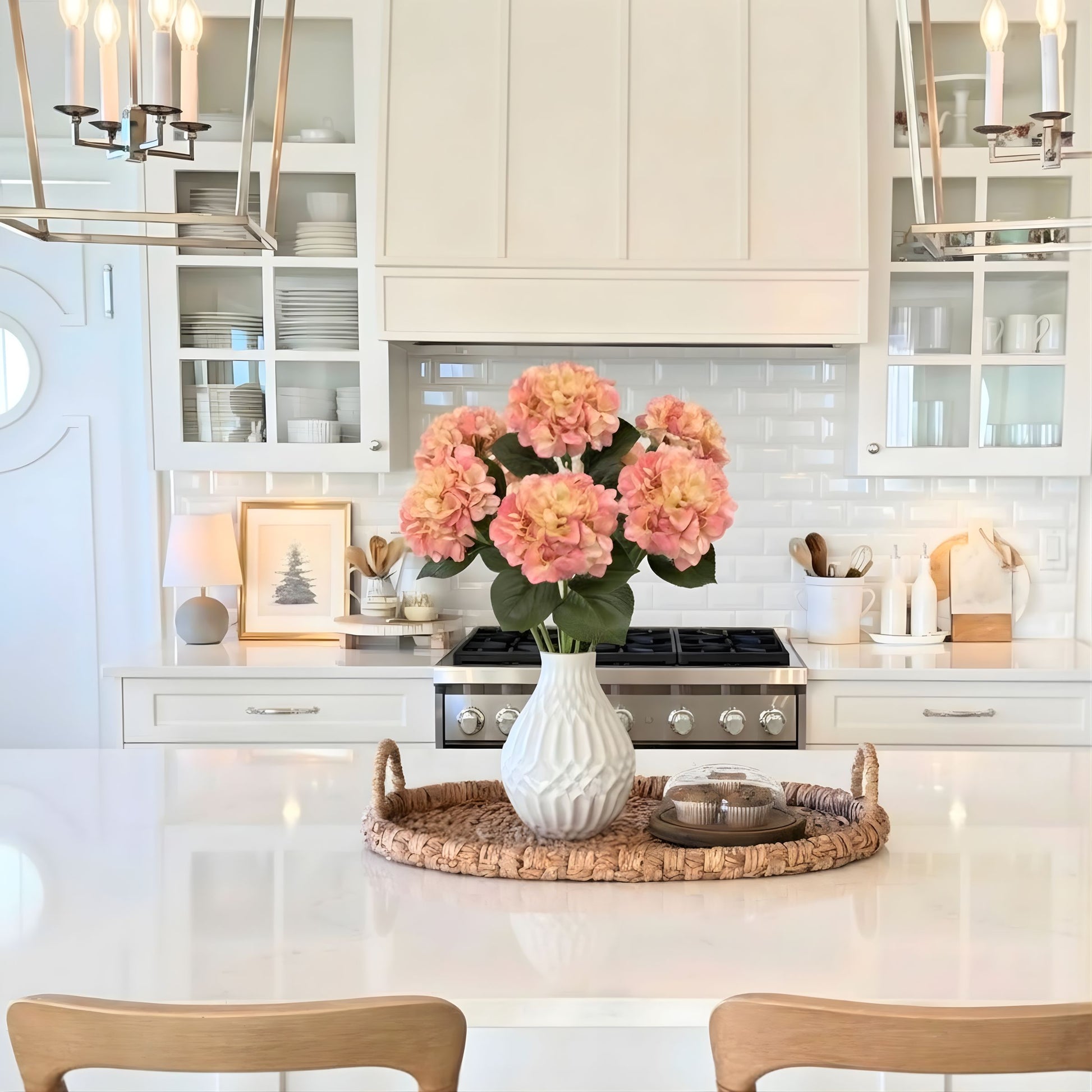 Modern kitchen with pink realistic artificial hydrangeas in a vase on the counter - for My Faux Florist Canada.
