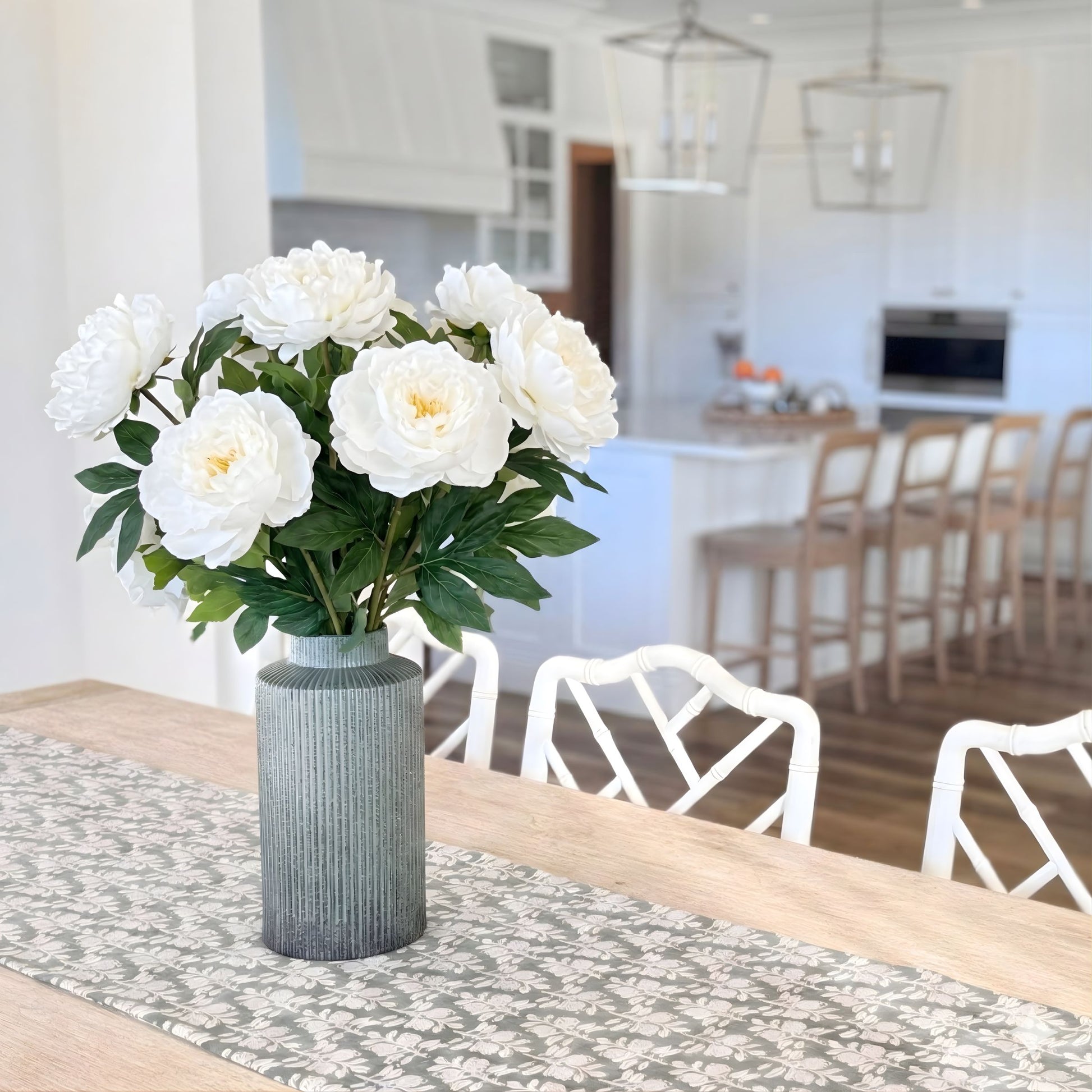 Bouquet of white realistic artificial peonies on a kitchen table, for My Faux Florist Canada