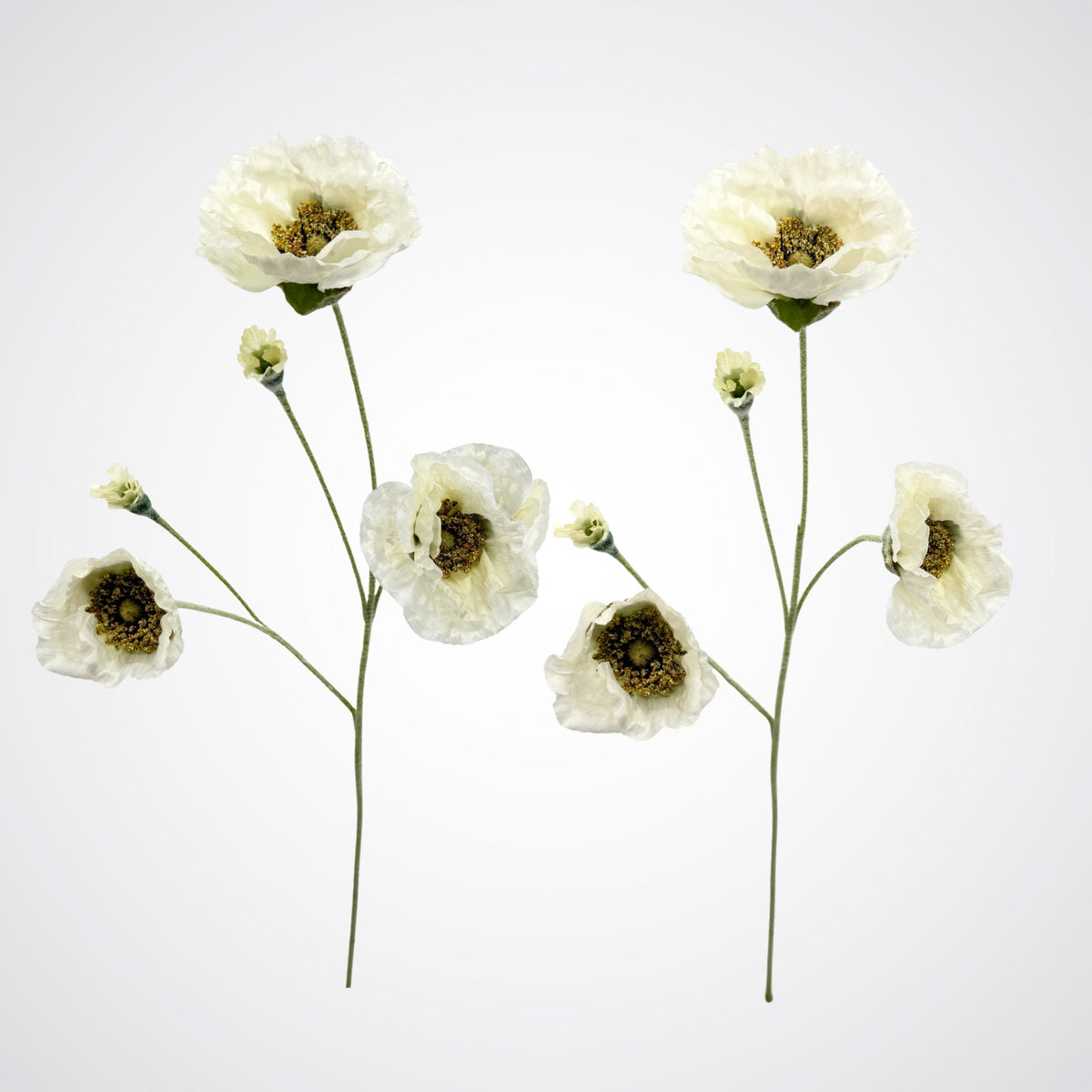 White realistic artificial poppy flowers with dark centers and green stems, arranged on a plain light gray background. For My Faux Florist Canada.