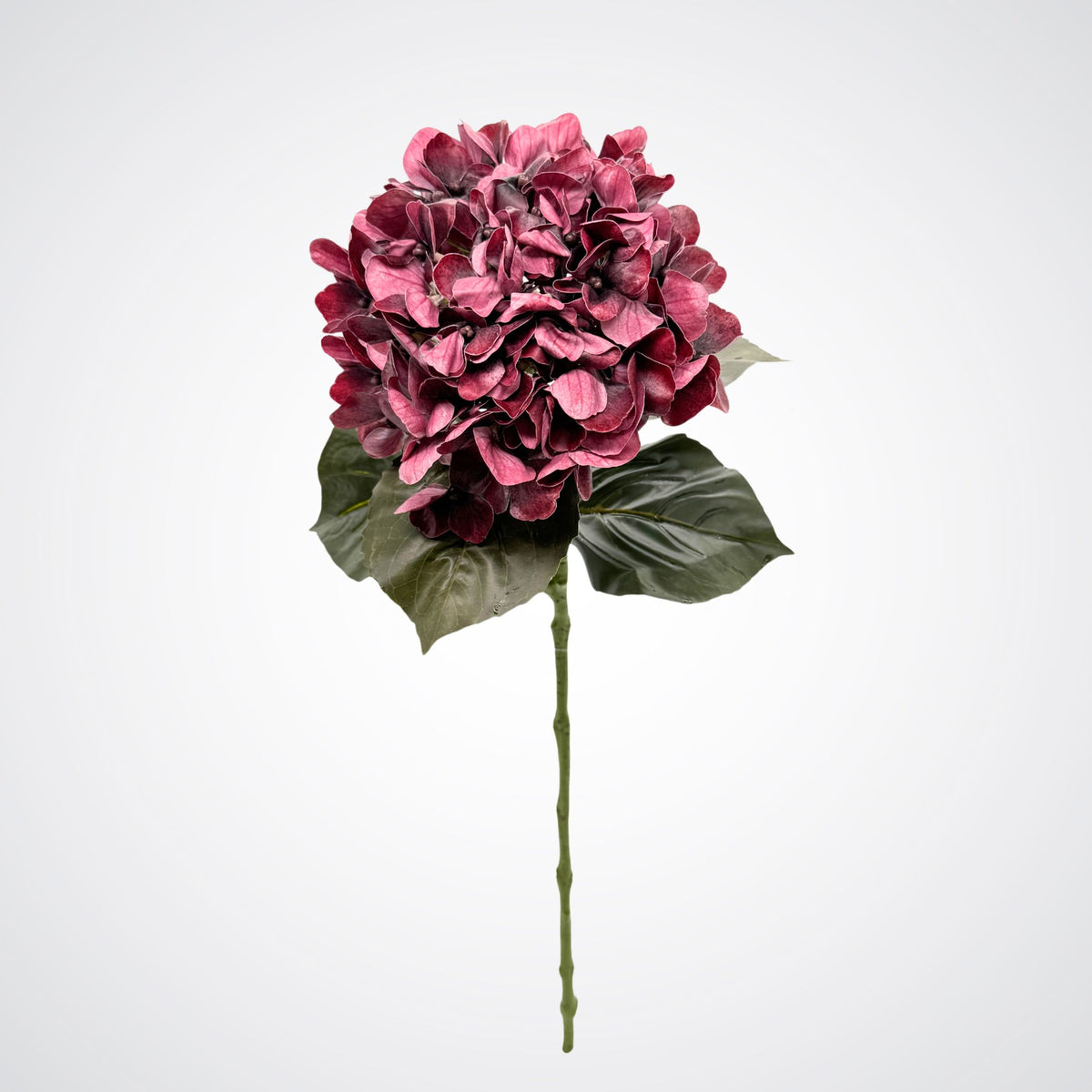 A single realistic artificial hydrangea stem with a deep burgundy-pink flower head, dark green leaves, and a long green stem, centered on a light gray background. From My Faux Florist Canada.