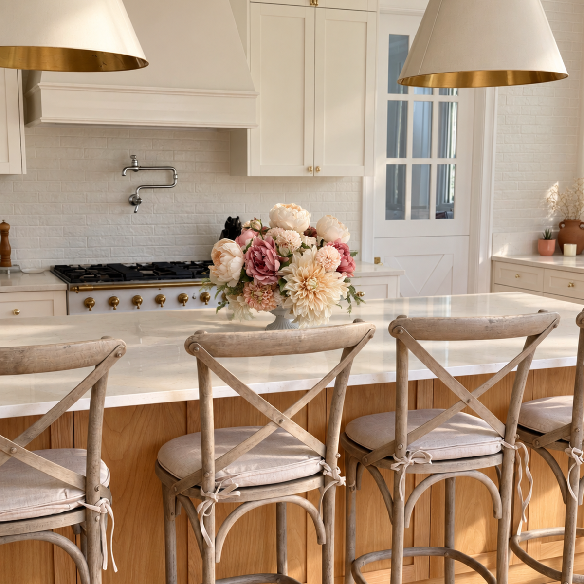 A bright, modern kitchen island with a marble countertop, light wood base, and three distressed wooden bar stools with cream cushions. A large vase of pink and cream flowers sits on the counter - a realistic faux flower arrangement for fall - with white cabinets, gold hardware, and pendant lights in the background. Artificial flowers from My Faux Florist Canada.