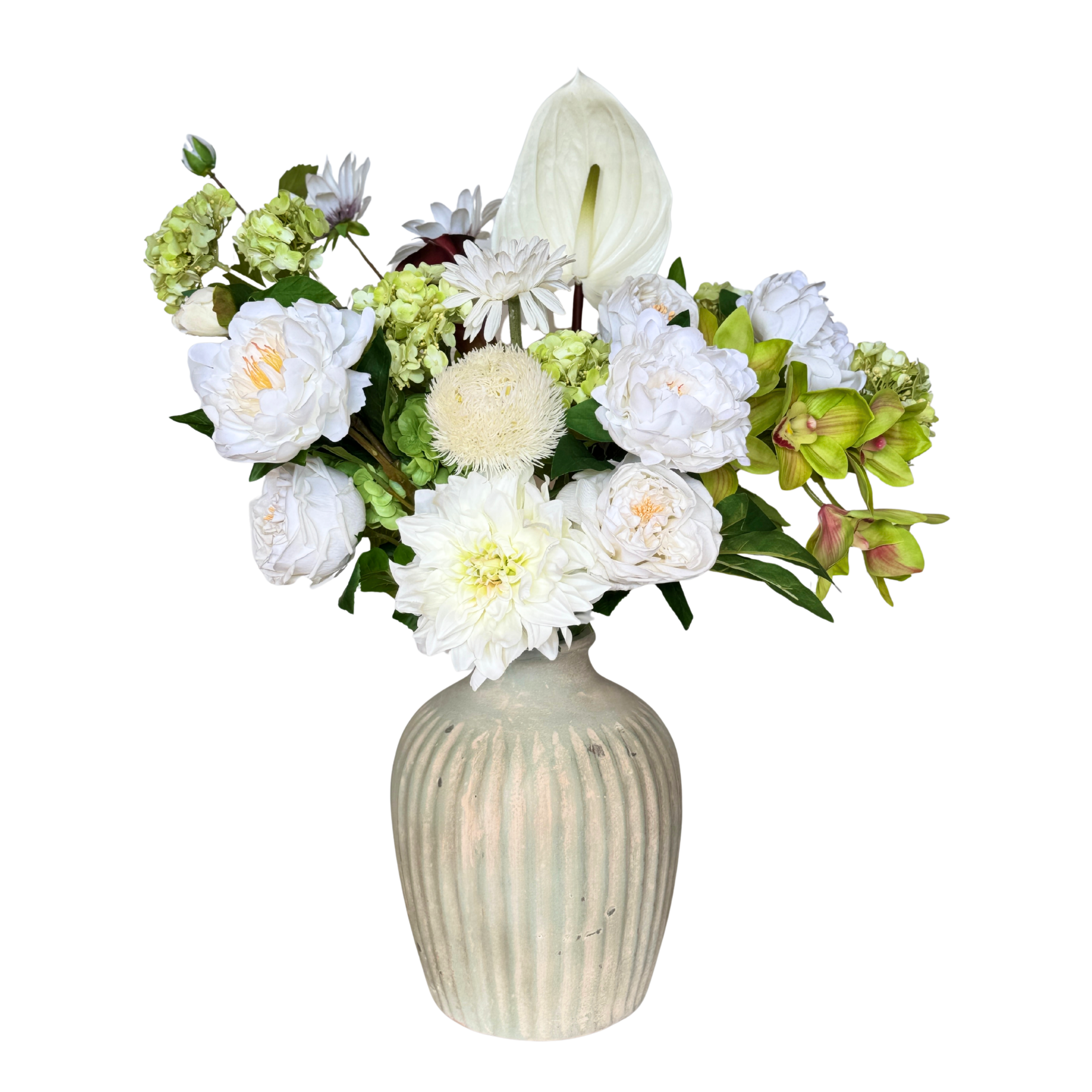 Floral arrangement of realistic artificial flowers in a ribbed ceramic vase on a white background. Artificial roses, artificial peonies and artificial hydrangeas from My Faux Florist Canada.