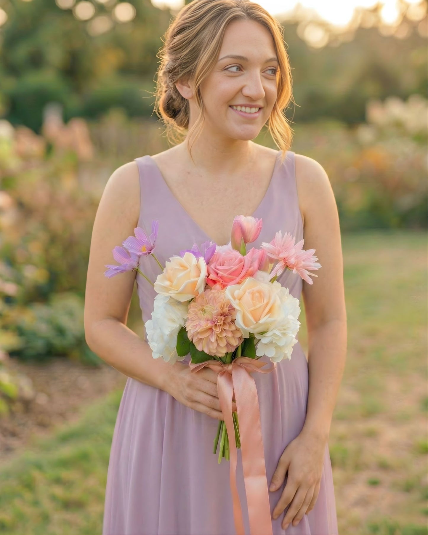 Bridesmaid standing outdoors holding an artificial wedding bouquet of realistic artificial flowers in peaches, whites and pinks from My Faux Florist Canada.