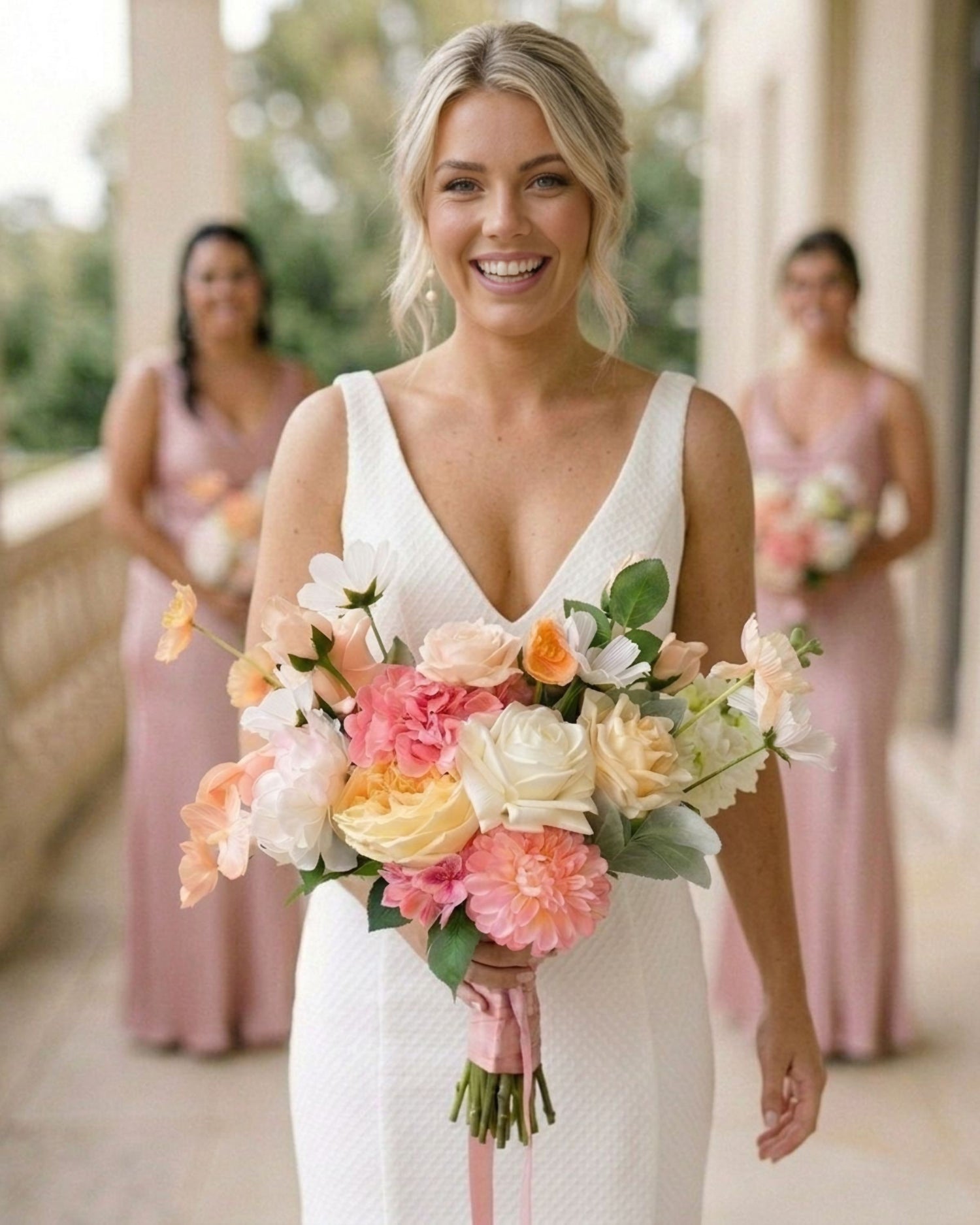 Bride standing outdoors holding an artificial wedding bouquet of realistic artificial flowers in peaches, whites and pinks from My Faux Florist Canada.