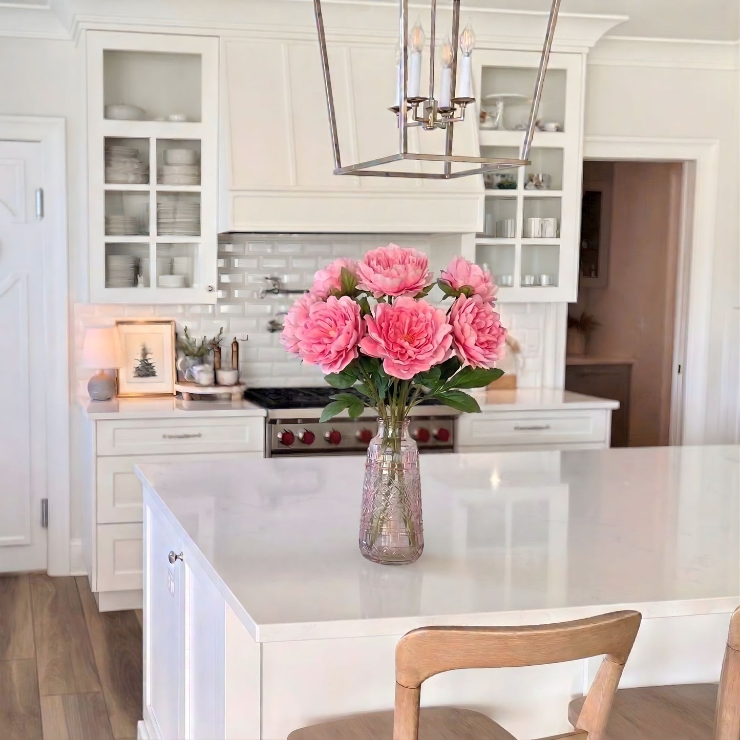 Kitchen with a vase of pink realistic artificial peonies flowers on a counter, for My Faux Florist Canada